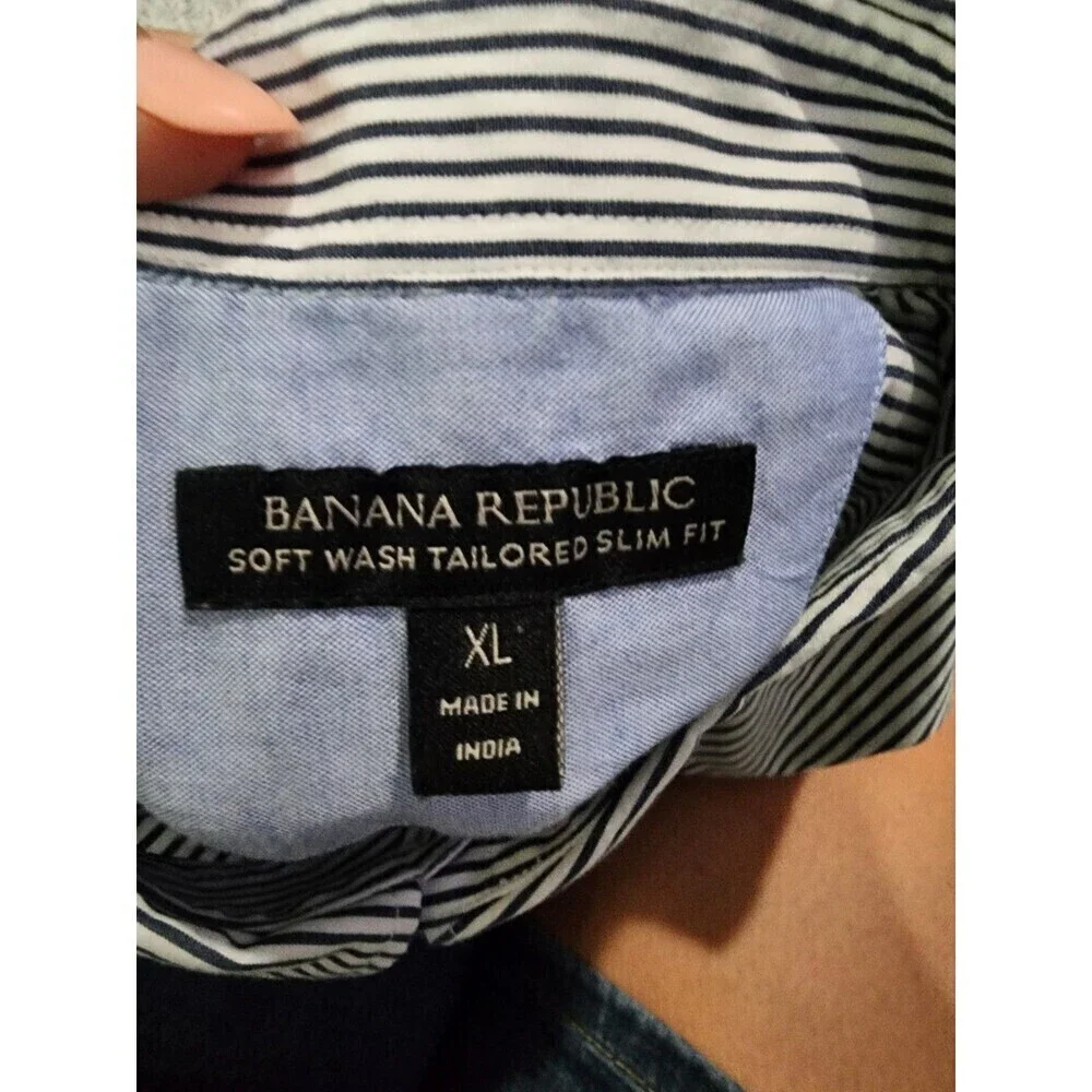 BANANA REPUBLIC Soft Wash Tailored Slim Fit Blue/White BUTTON-UP Shirt XL